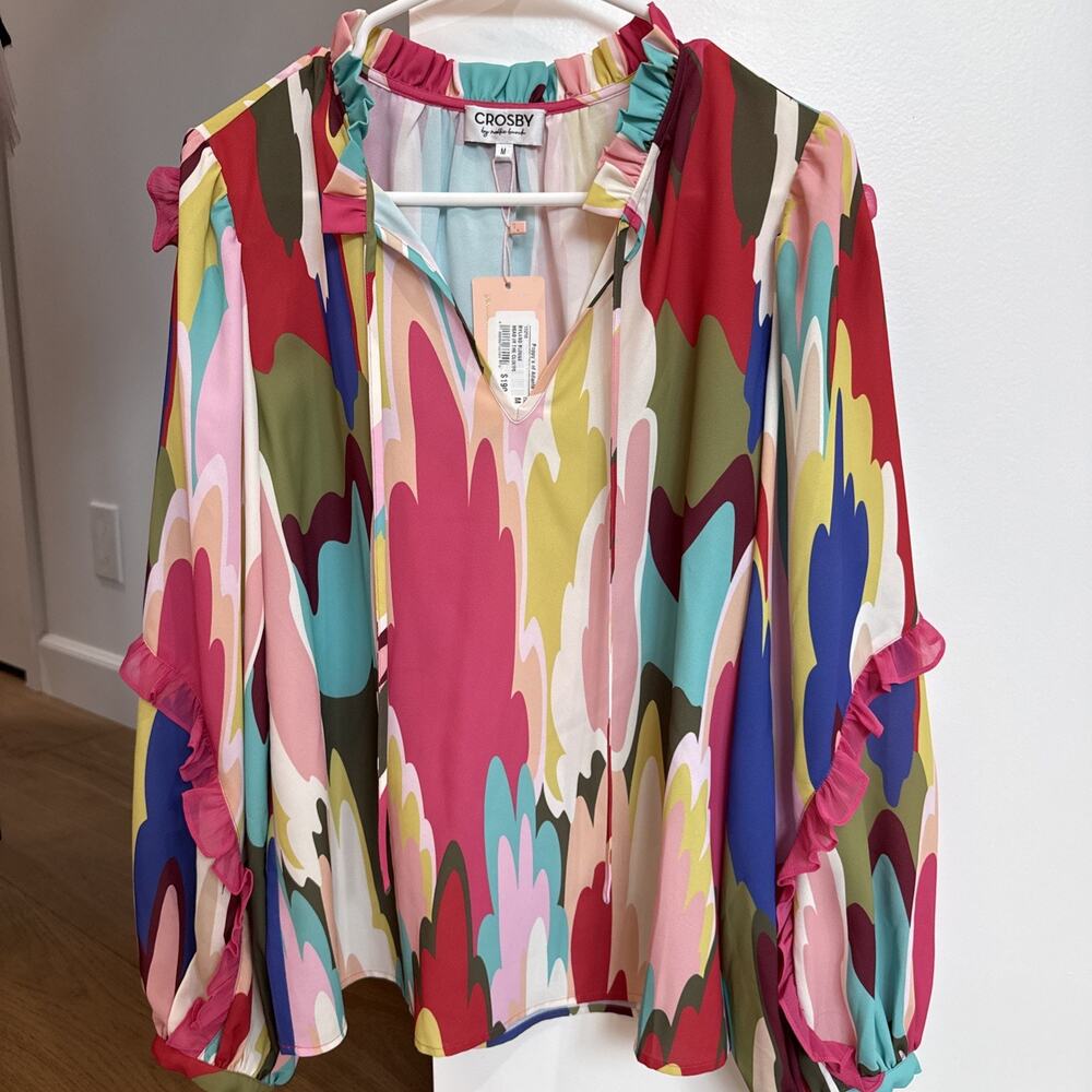 Crosby by Mollie Burch Women’s Blouse Medium Multicolor V-Neck Ruffle Sleeve NWT